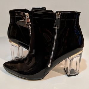 NEW Black patent booties with clear heel